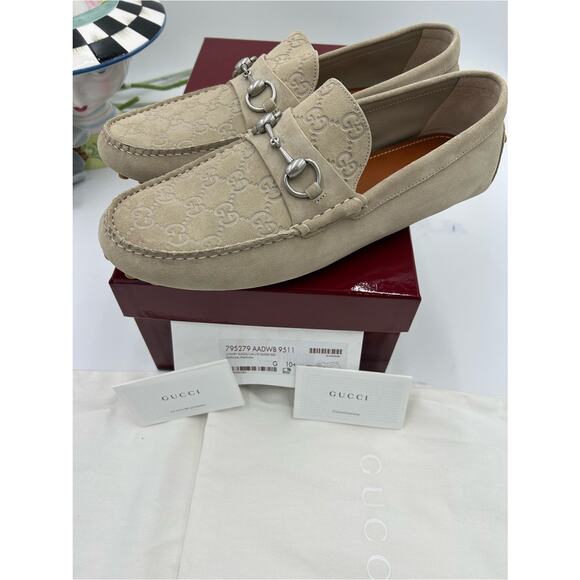 Men\'s Gucci suede oatmeal horse bit driver loafers size 10.5 fits 11 US main image 6